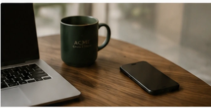 A branded mug beside a laptop and phone on a customer’s desk